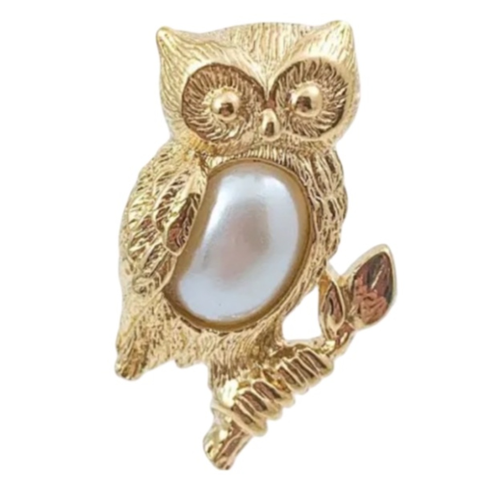 Vintage Avon Gold Plated Faux Pearl Jelly Belly Owl Lapel Pin Brooch
